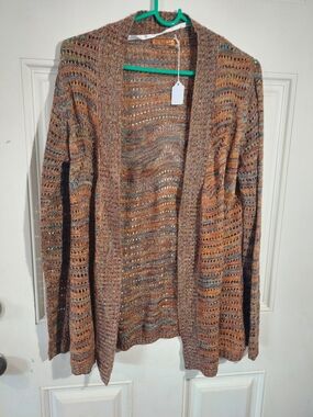 Belldini Boho Earthy Open-Front Pointelle Cardigan in Rust Multi